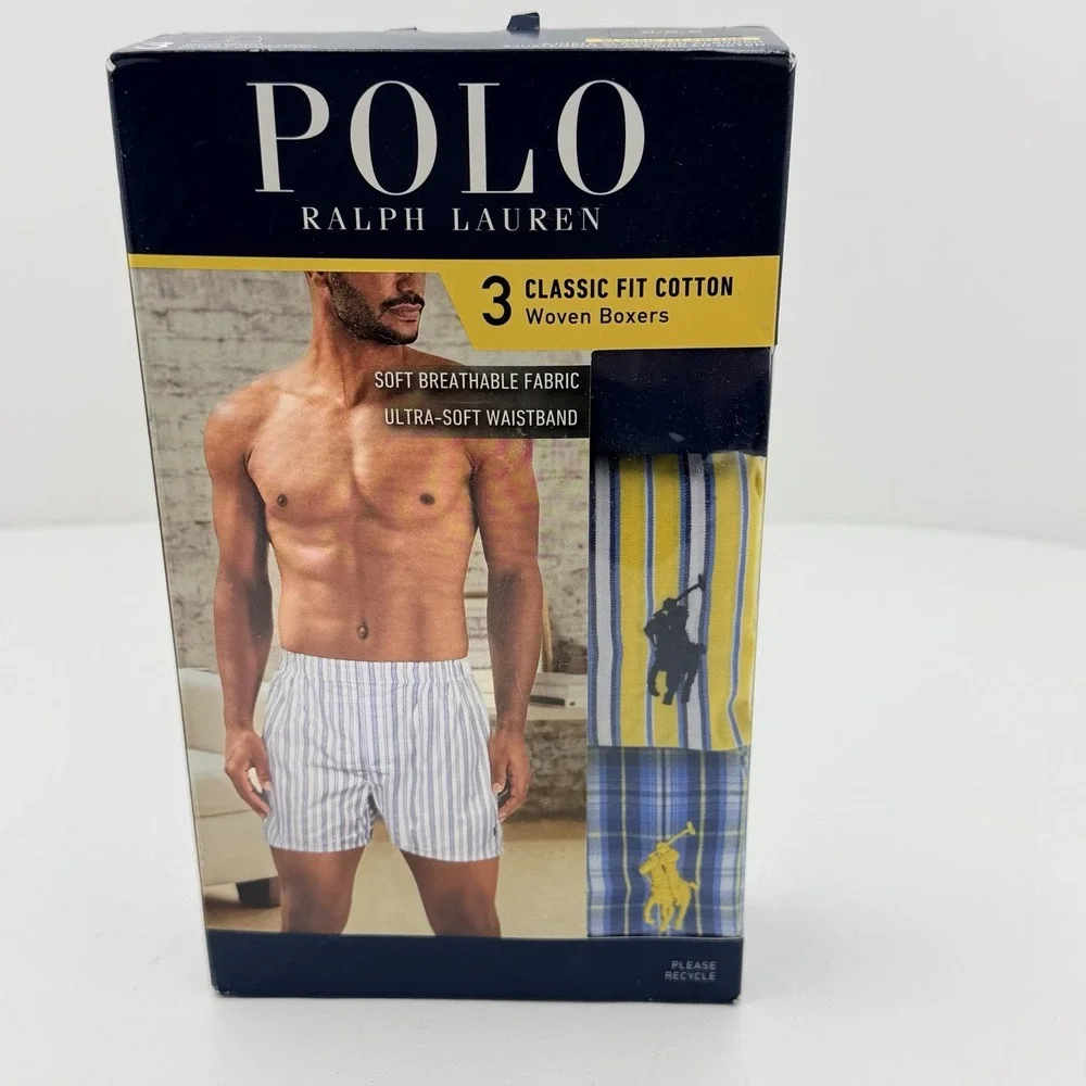 Polo Ralph Lauren Men's Woven Boxers 3 Pack Size M Cotton Plaid Stripe New